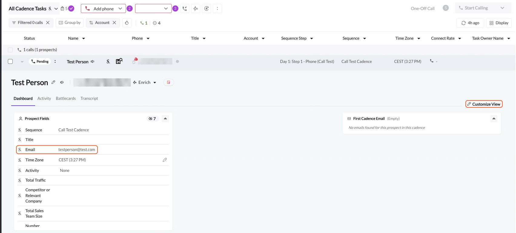 Customize View and the Email row in the Nooks Prospect Fields card