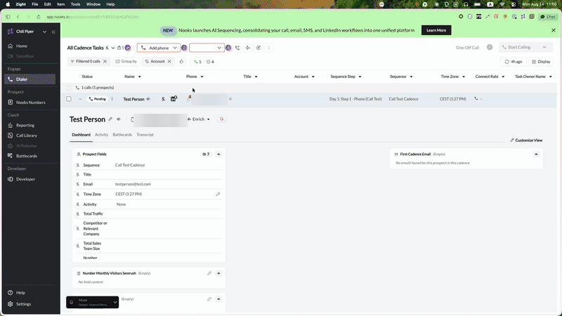 Booking a meeting from the Nooks dialer