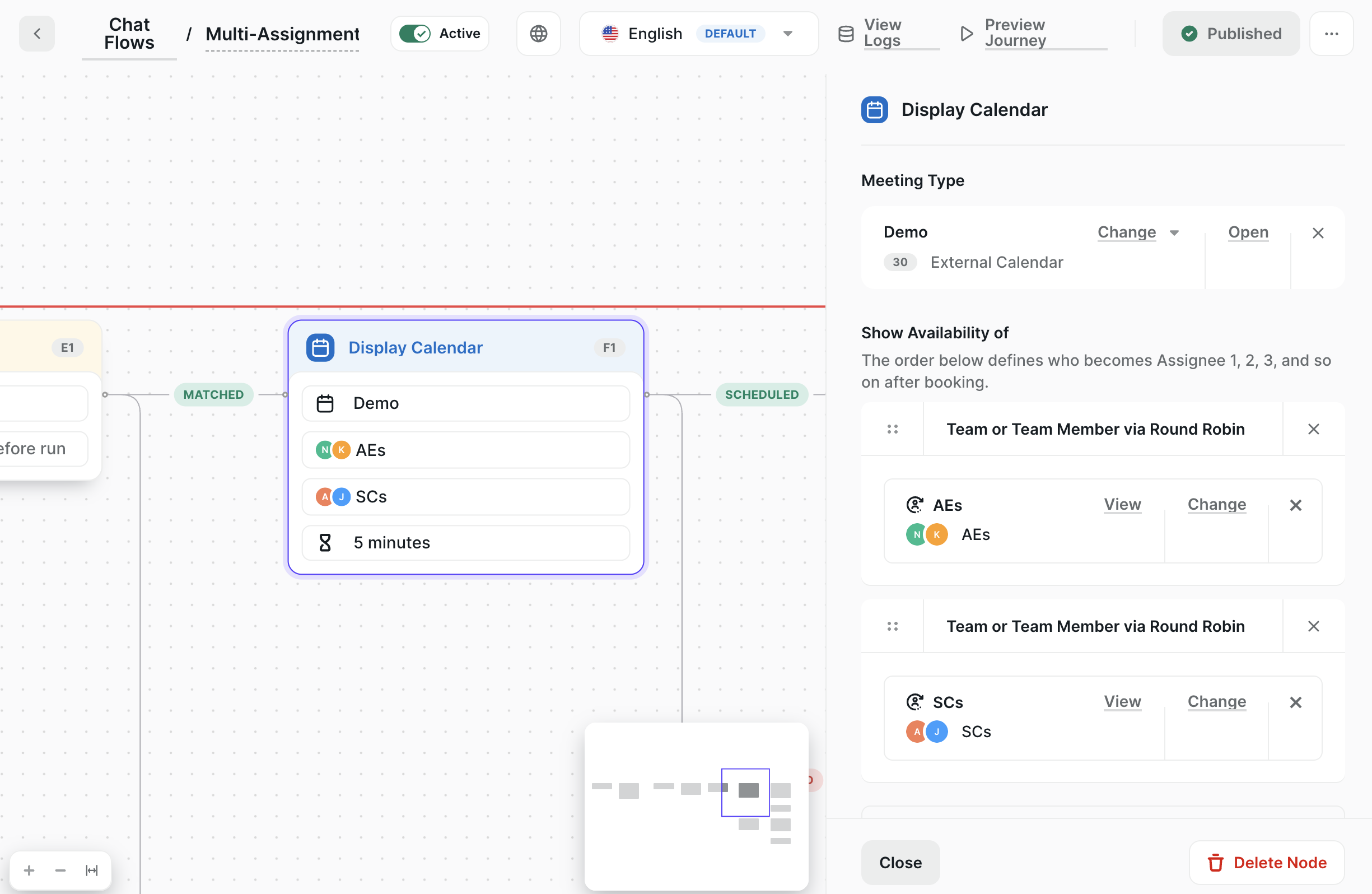 The Display Calendar node with two assignees under Show Availability of