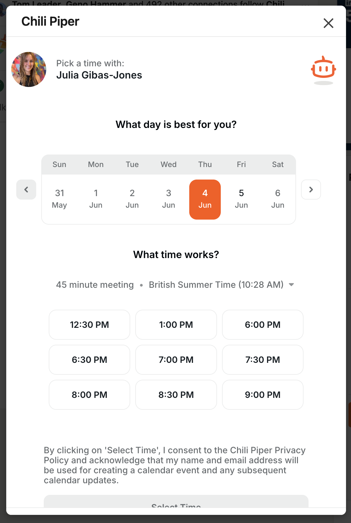 Picking a time in the Chili Piper scheduler