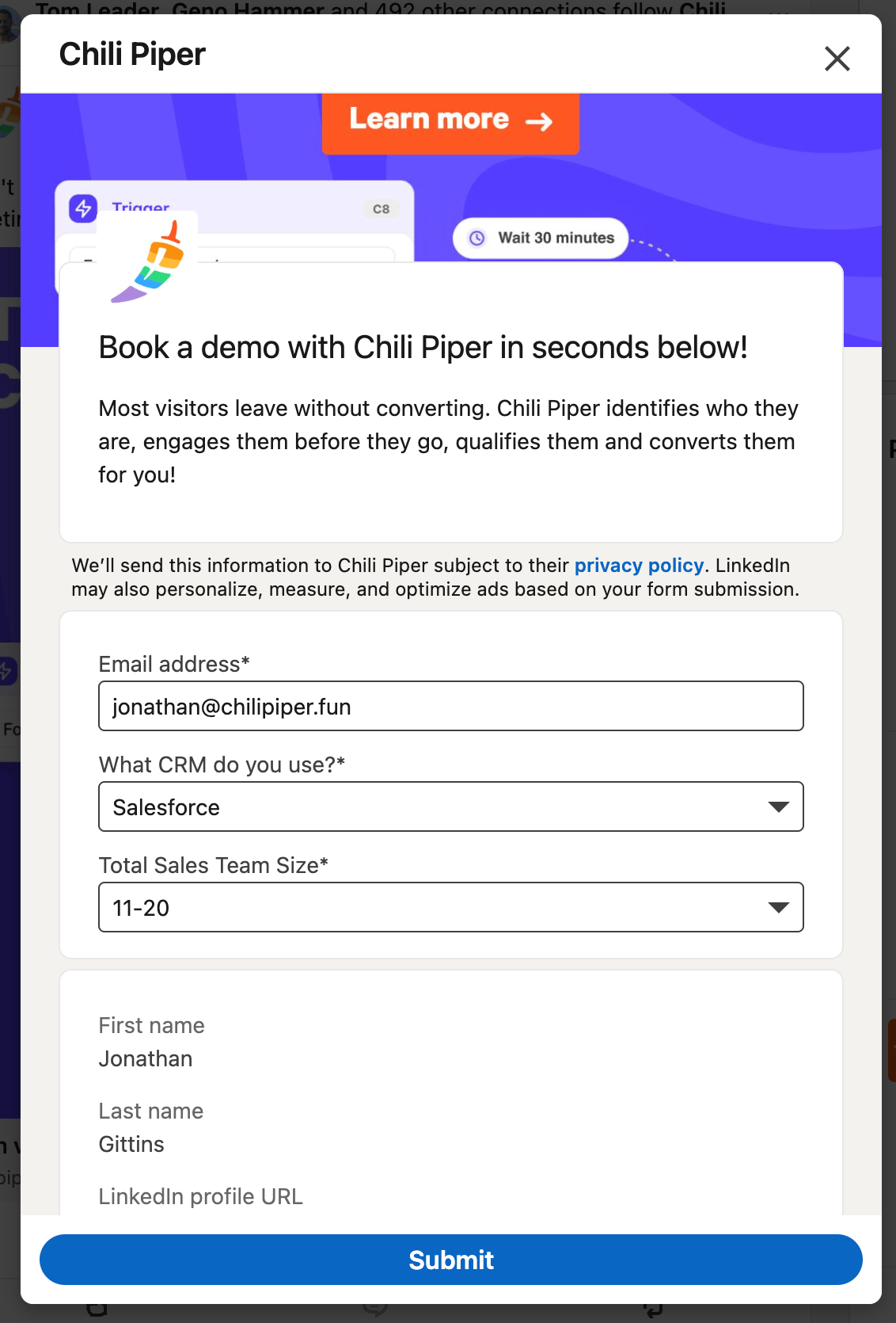 Lead Gen Form pre-filled from the prospect's profile