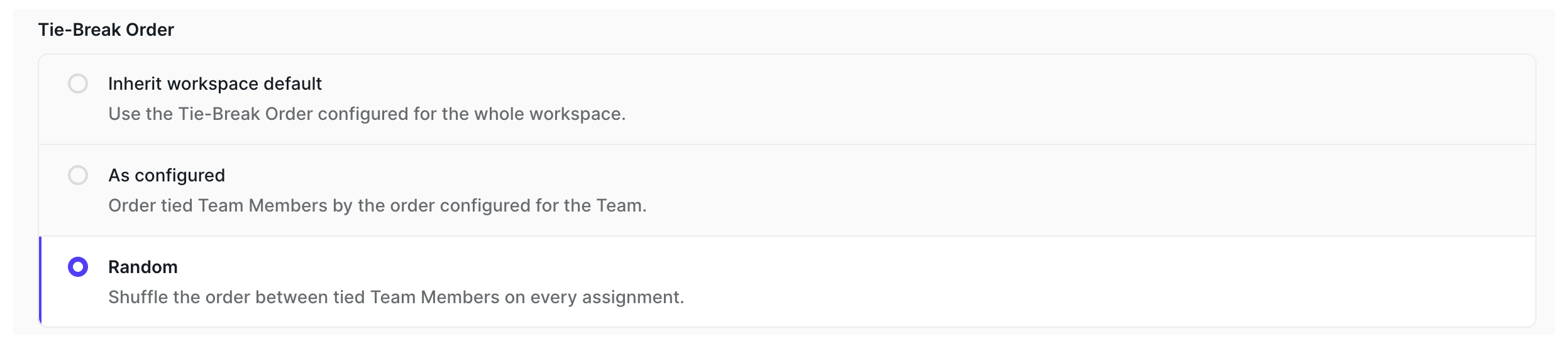 Tie-Break Order on a Distribution – Inherit workspace default, As configured, and Random, with Random selected
