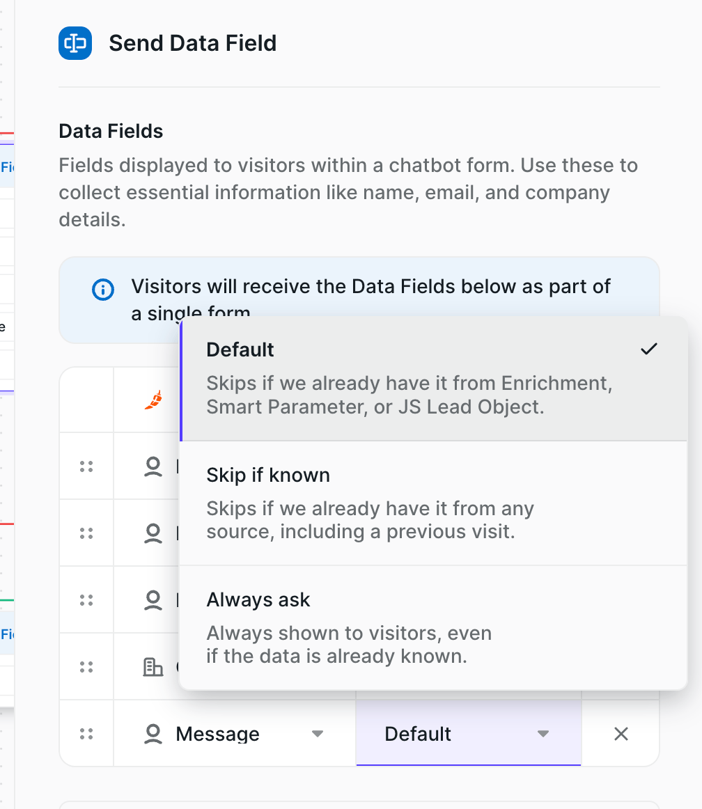 The Visibility dropdown open, showing Default, Skip if known and Always ask