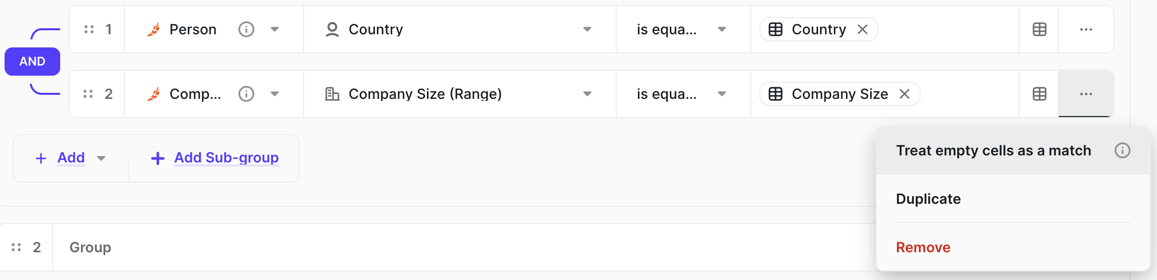 Treat empty cells as a match in the condition menu
