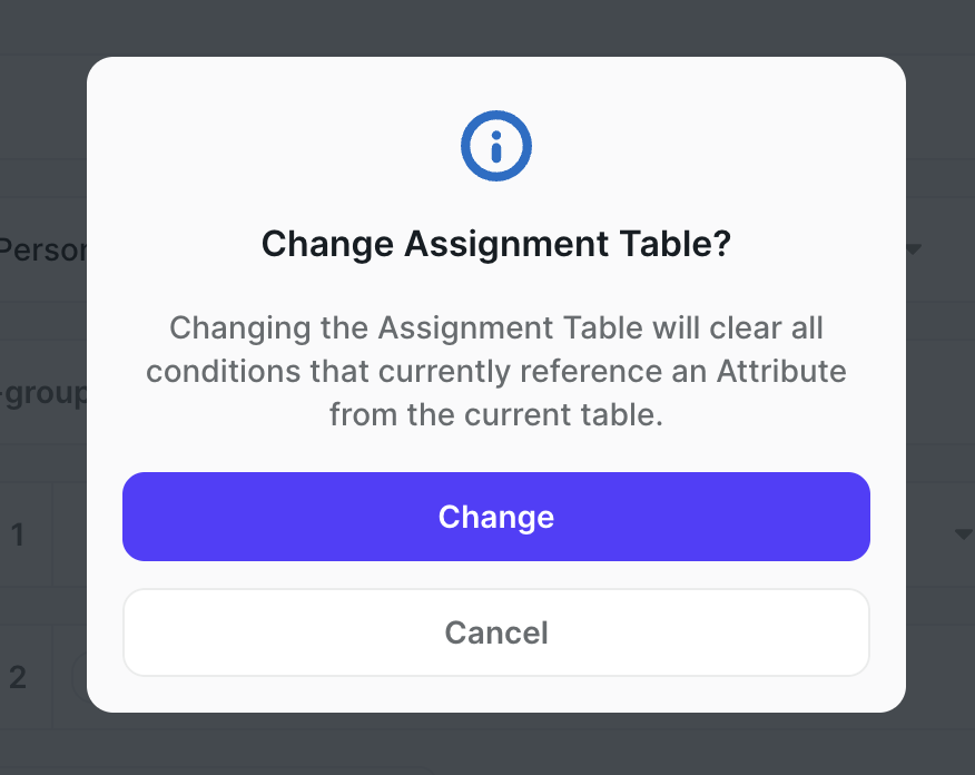 Warning shown when changing the table under a rule