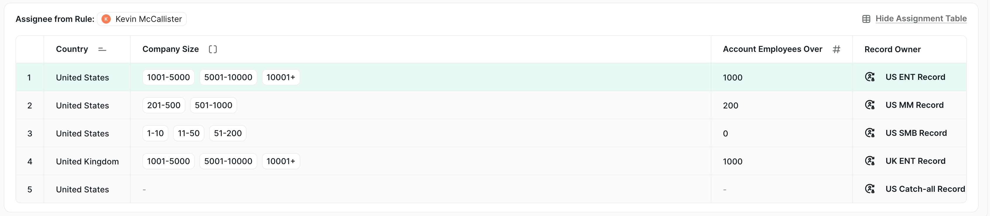 The matched row and the assignee it produced