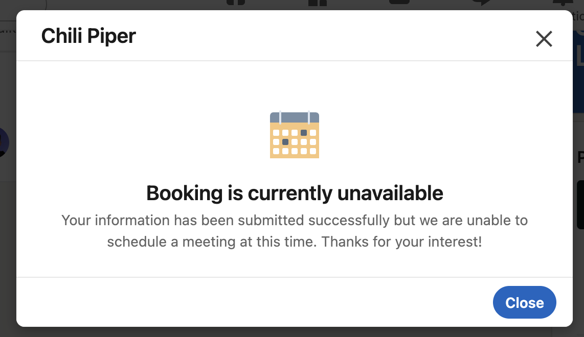 The LinkedIn message shown when no booking is offered
