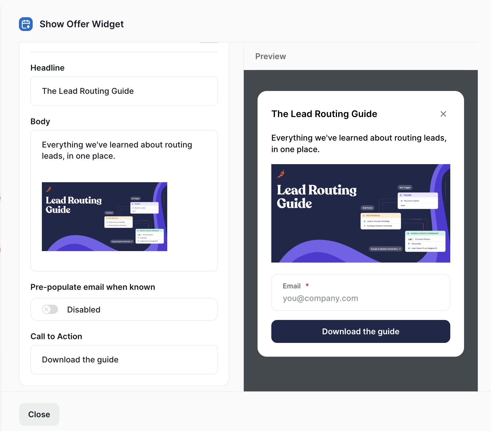 The Show Offer Widget node with an image in the Body field, and the card preview beside it
