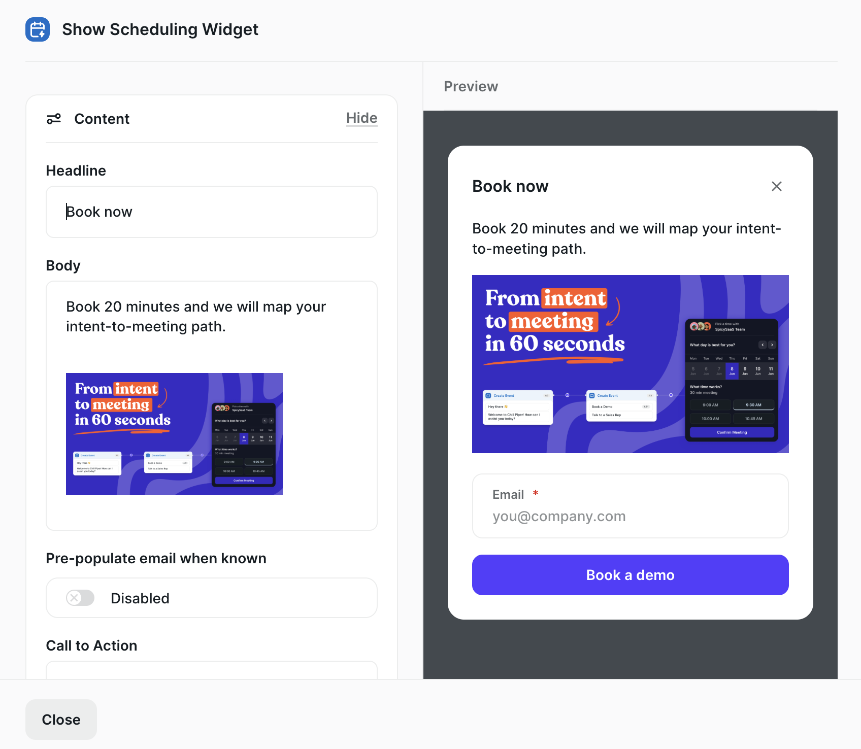 The Show Scheduling Widget node with an image in the Body field, and the card preview beside it