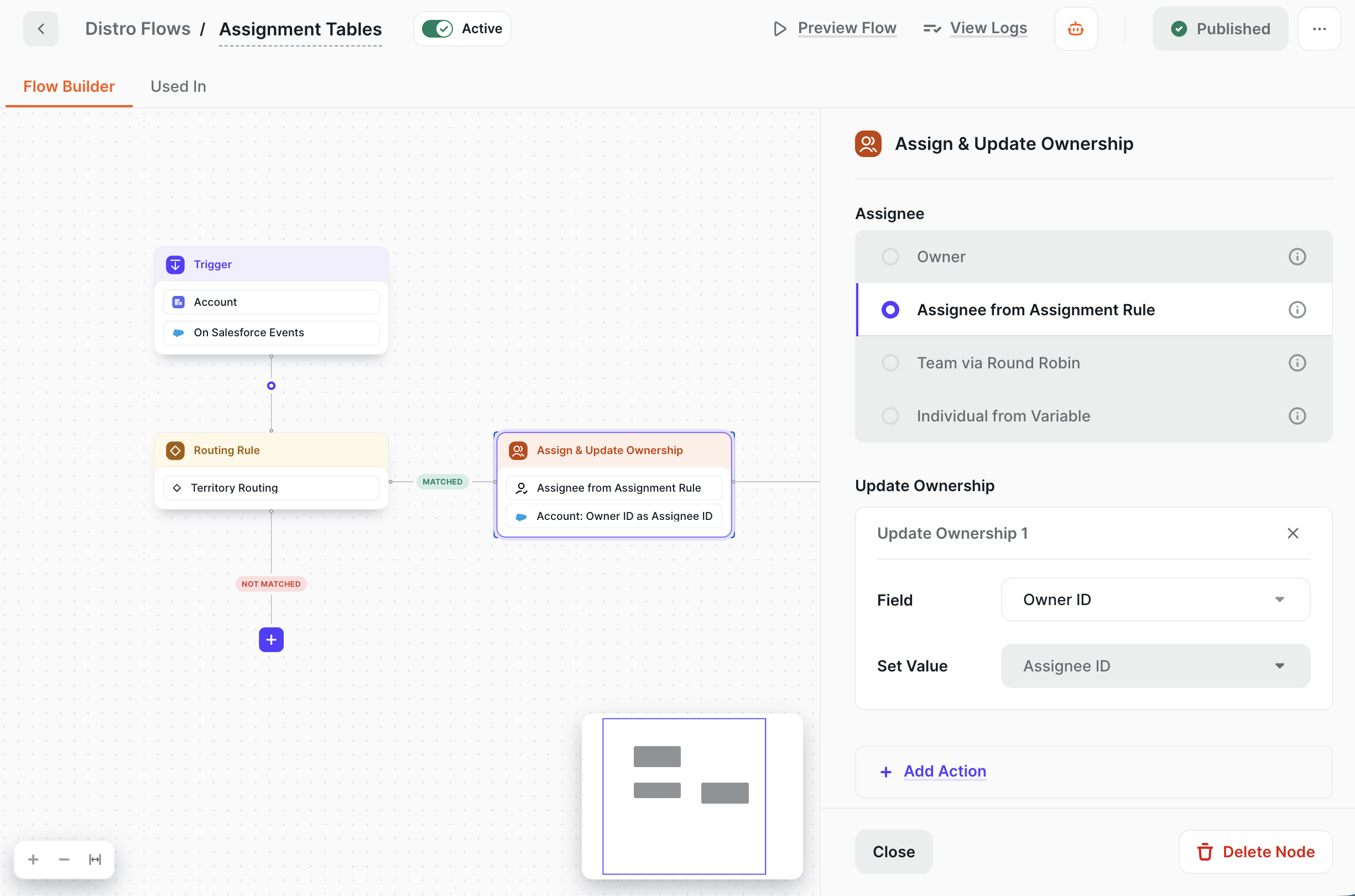 Assign & Update Ownership locked to Assignee from Assignment Rule, writing the owner to the Account