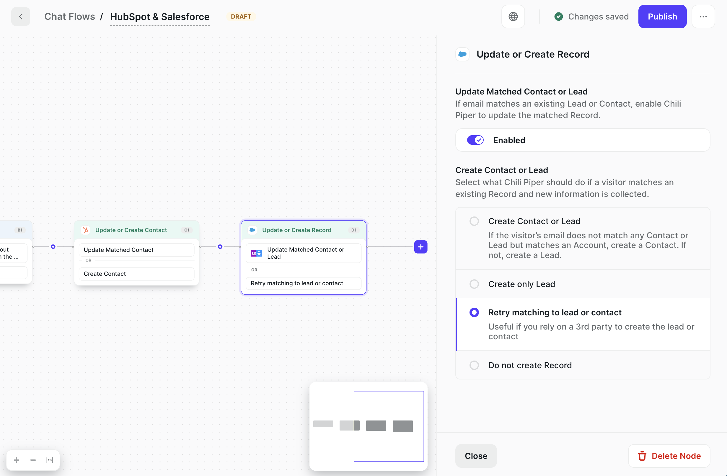 HubSpot Update or Create Contact node followed by a Salesforce Update or Create Record node set to Retry matching to lead or contact