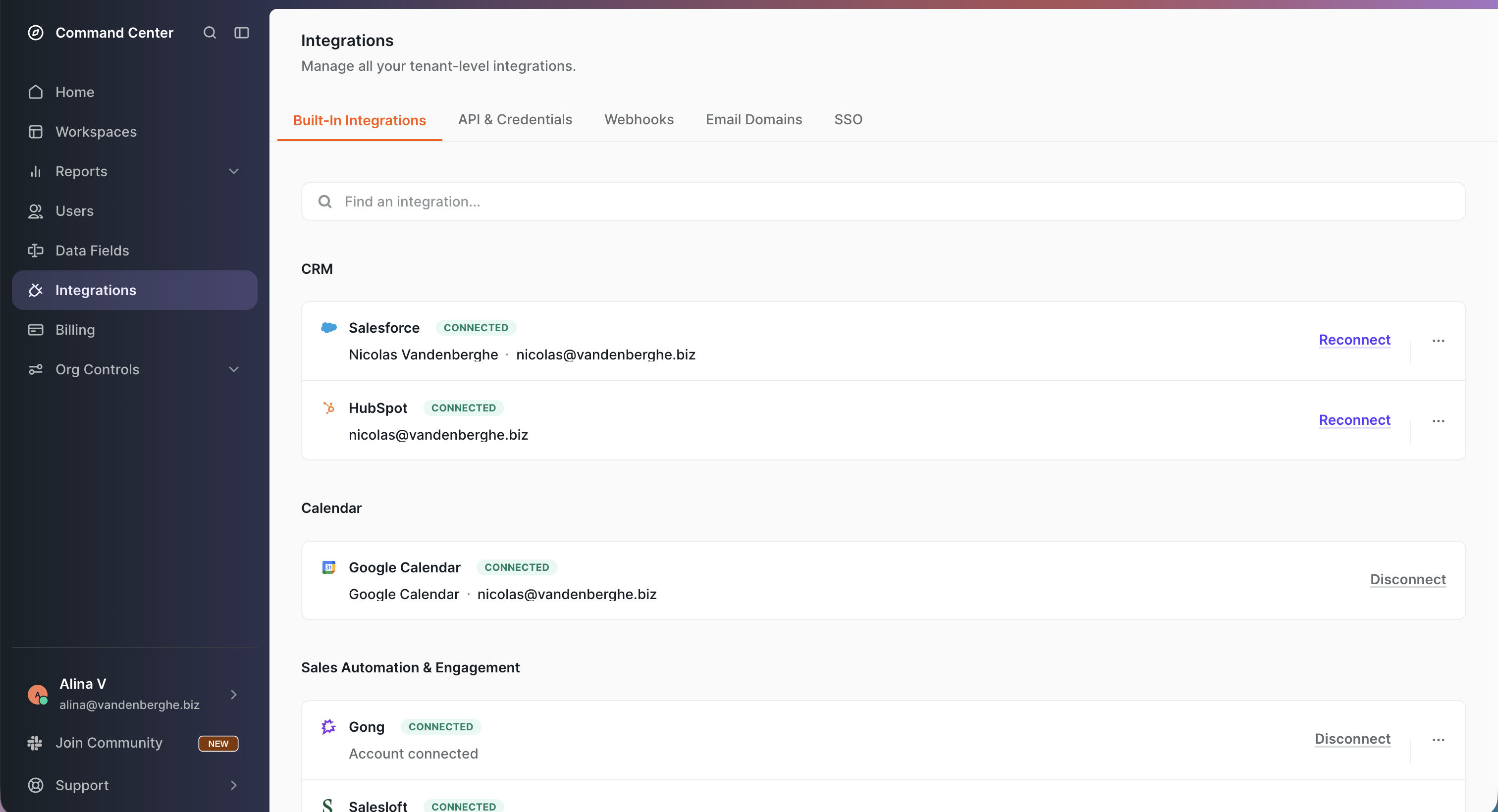 Integrations page with Salesforce and HubSpot both connected
