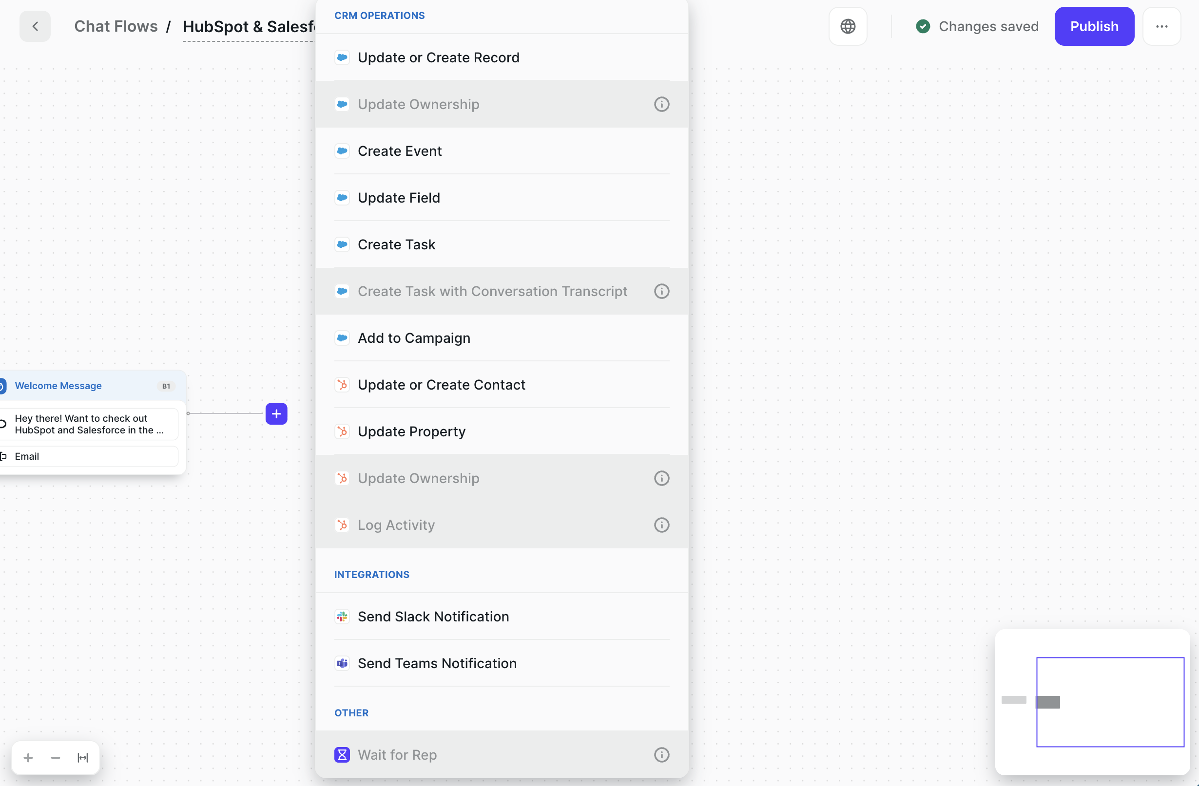 Node menu listing Salesforce and HubSpot nodes under CRM Operations