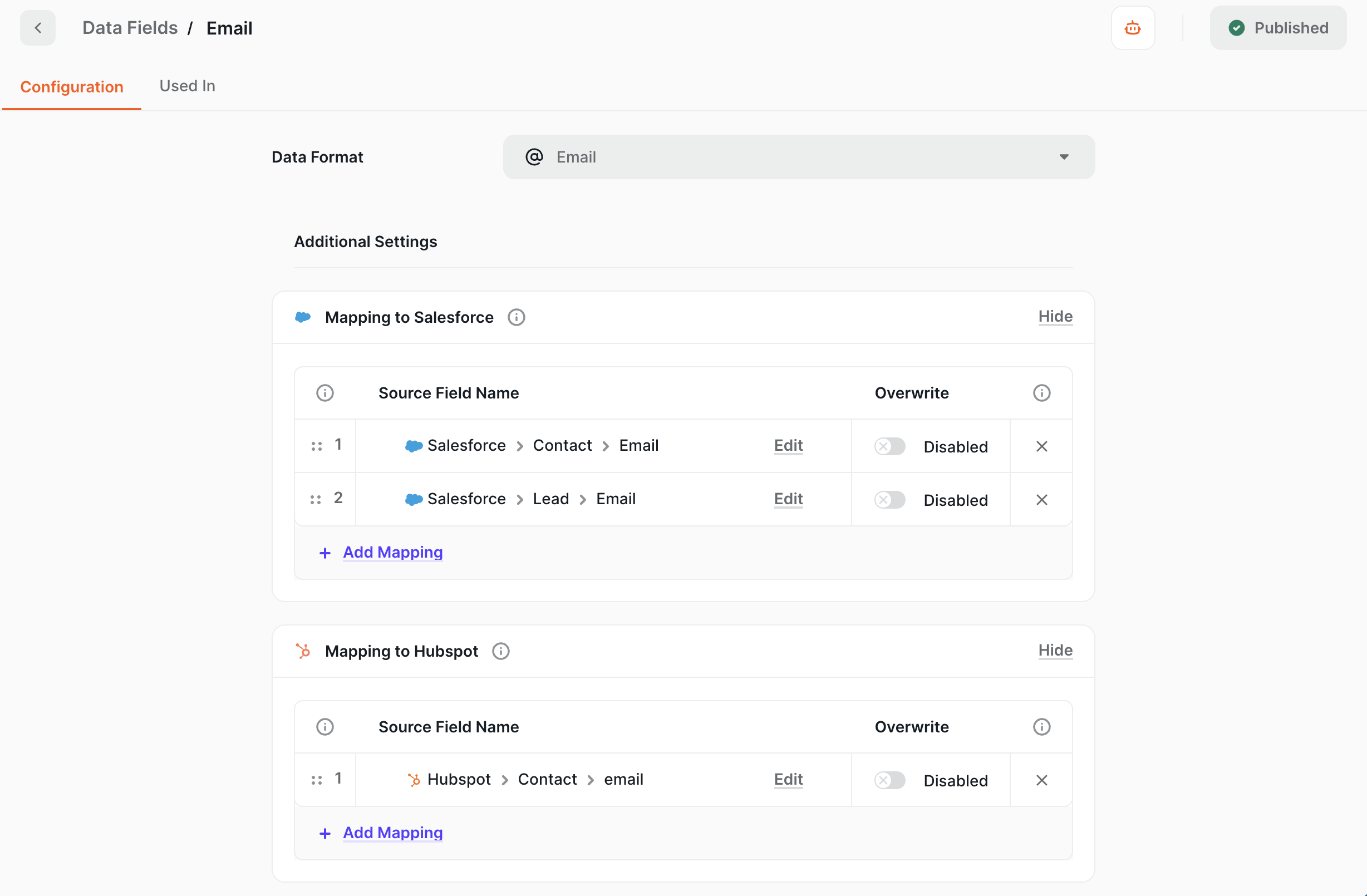 Email data field mapped to Salesforce Contact and Lead email, and to HubSpot Contact email