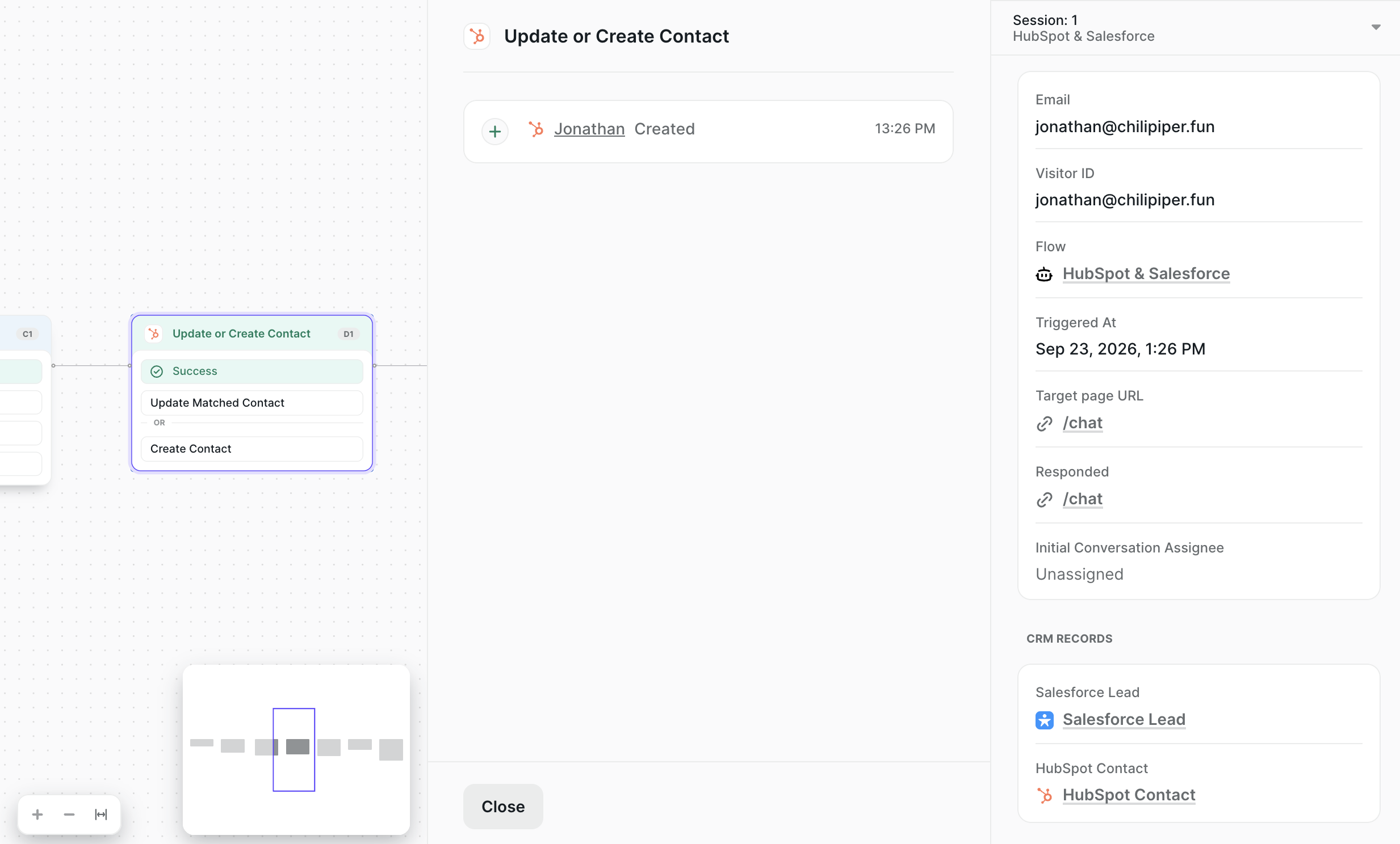 Chat log with the HubSpot Update or Create Contact node showing the Contact was created