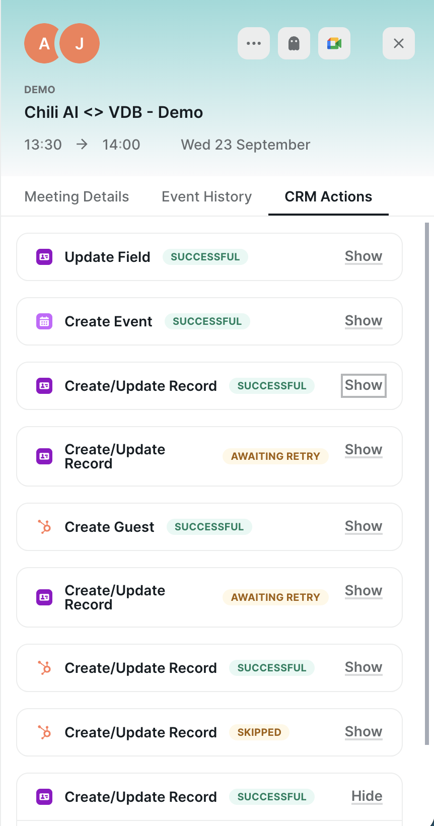 CRM Actions tab in the Meetings Report listing Salesforce and HubSpot actions