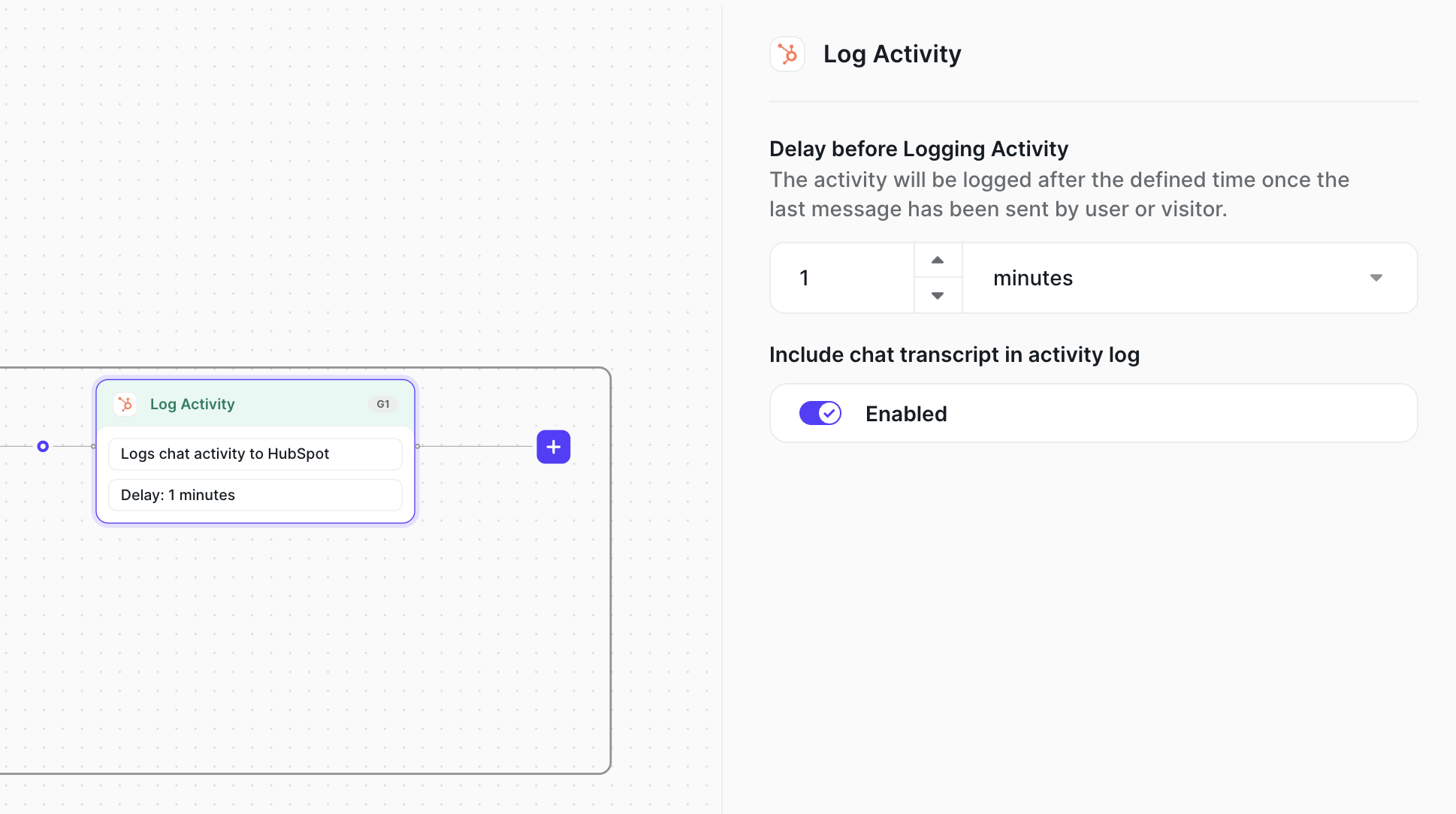 Log Activity node with the delay set to one minute and the transcript included