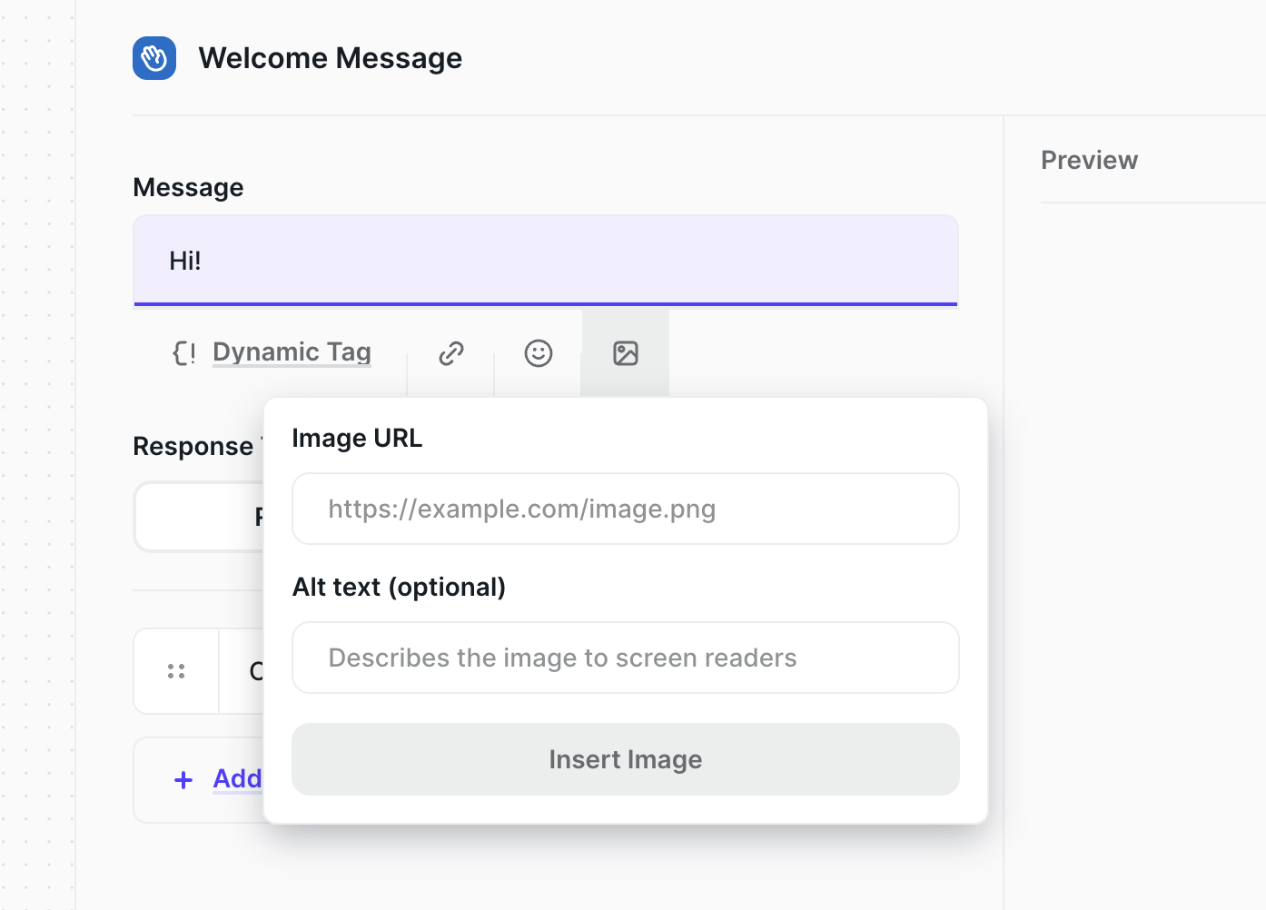 The image button in the message toolbar, with the Image URL and Alt text fields
