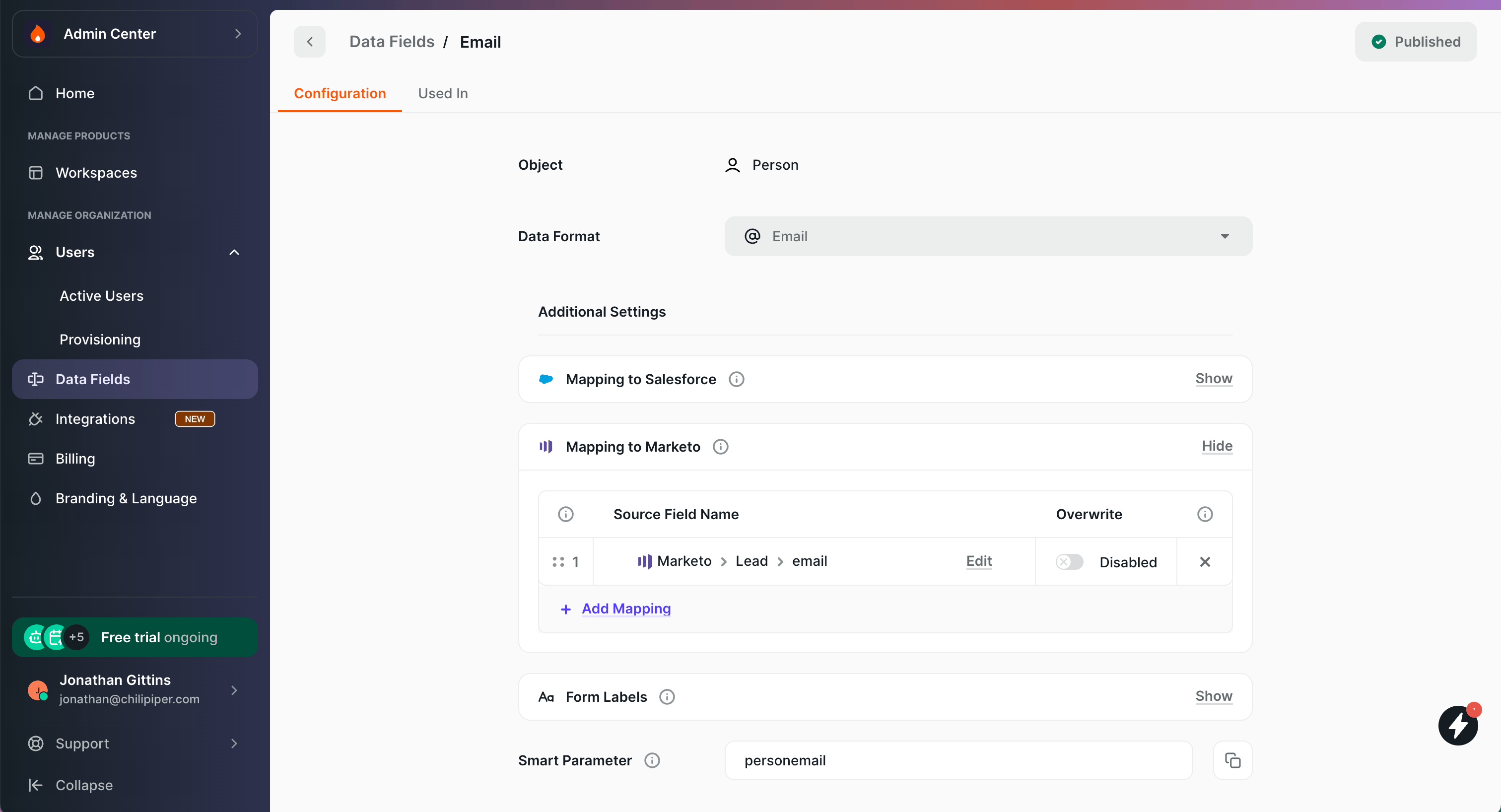 Data Fields page with the Mapping to Marketo section below Mapping to Salesforce