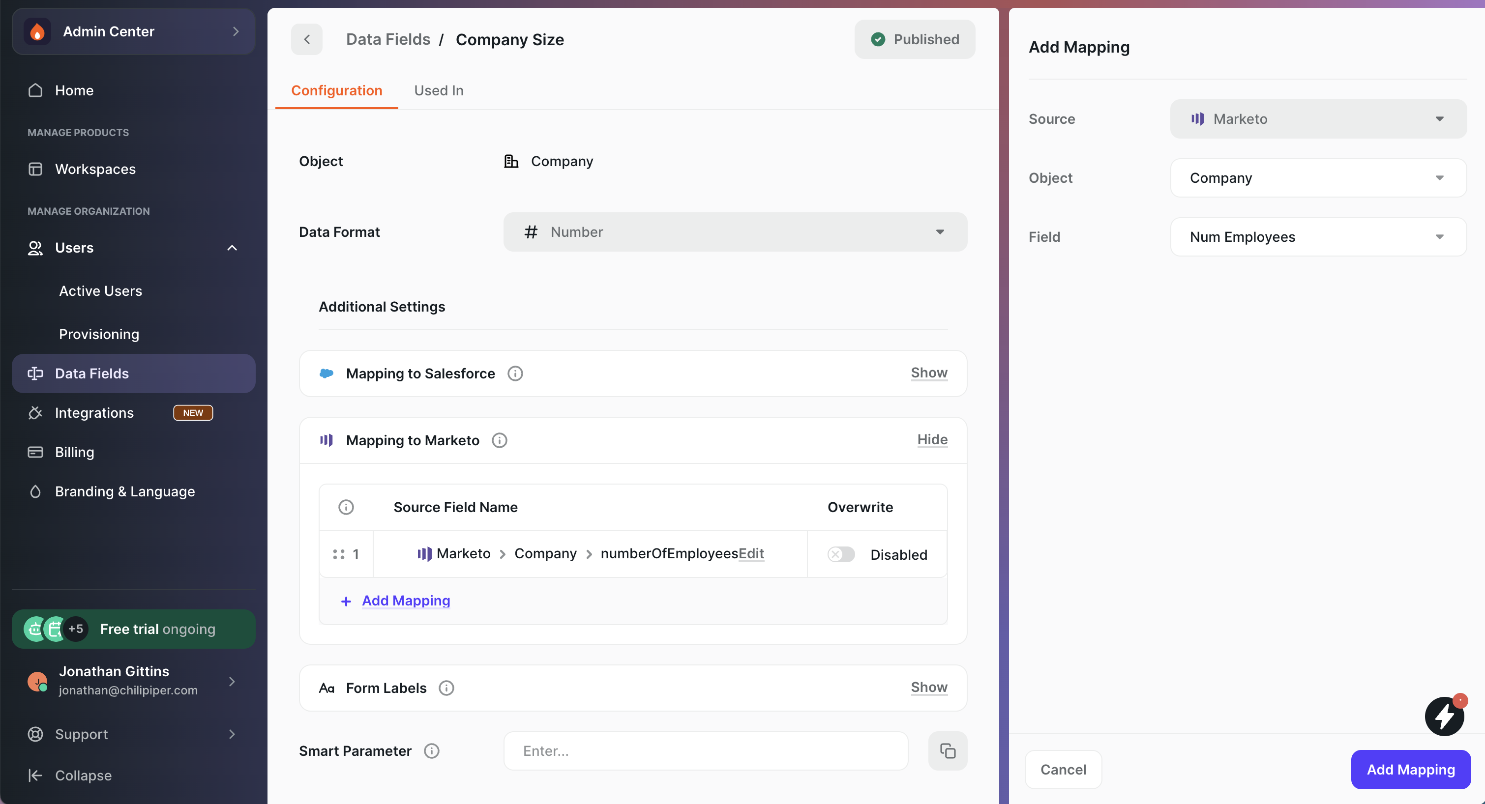 Add Mapping sidebar with the Source, Object and Field selectors