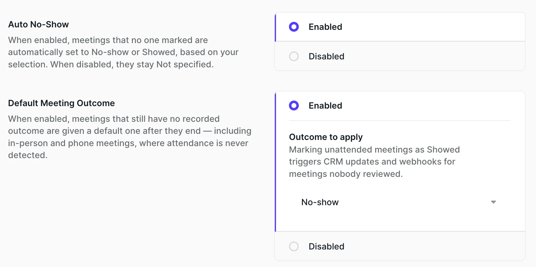 Auto No-Show and Default Meeting Outcome settings on the Preferences page