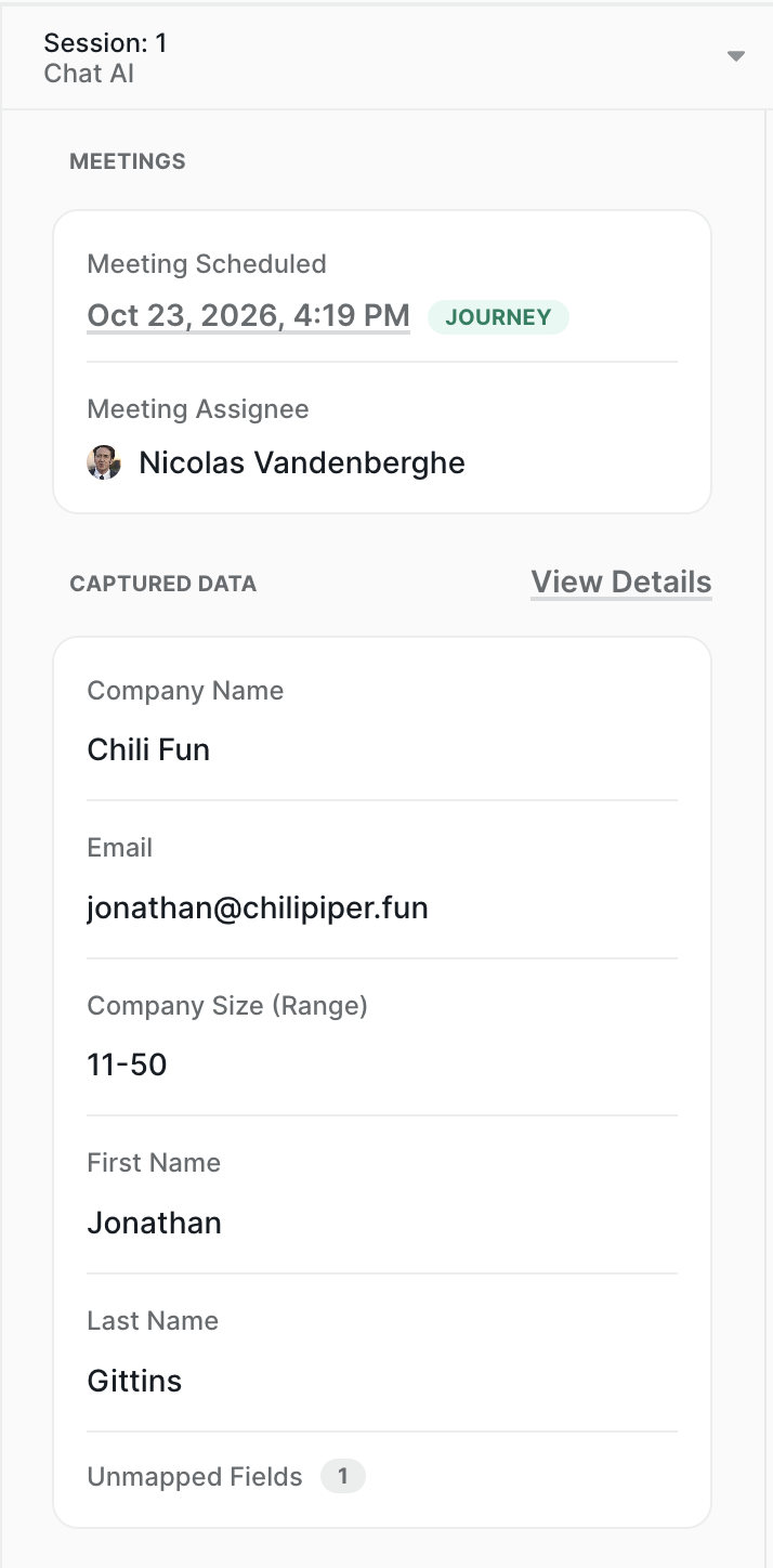 The Captured Data card in the session panel, listing captured Data Fields and an Unmapped Fields count of 1