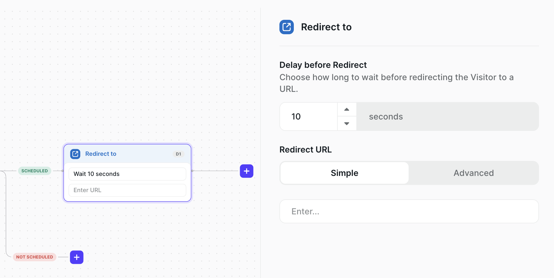 The Redirect to node on the canvas, with its delay and Simple mode settings